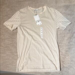 Zara Cream and Black Striped Short Sleeve Tee